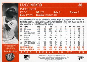 2007 MultiAd Fresno Grizzlies #21 Lance Niekro Back