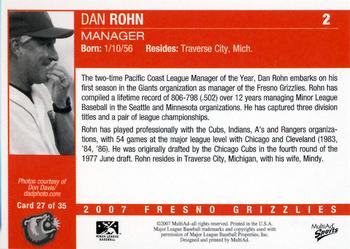 2007 MultiAd Fresno Grizzlies #27 Dan Rohn Back