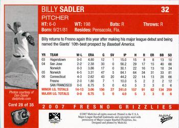 2007 MultiAd Fresno Grizzlies #28 Billy Sadler Back