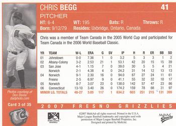 2007 MultiAd Fresno Grizzlies #3 Chris Begg Back