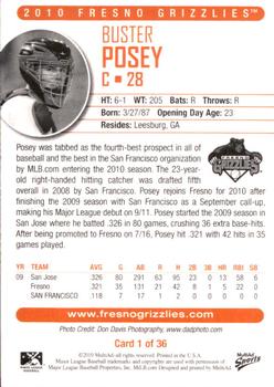 2010 MultiAd Fresno Grizzlies #1 Buster Posey Back