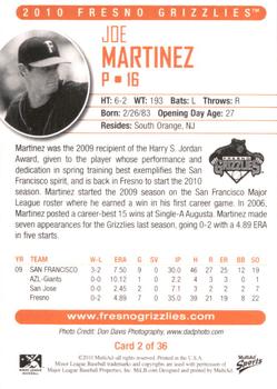 2010 MultiAd Fresno Grizzlies #2 Joe Martinez Back