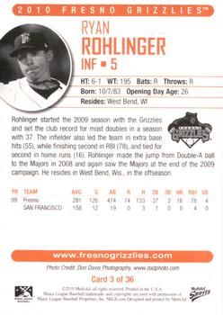 2010 MultiAd Fresno Grizzlies #3 Ryan Rohlinger Back