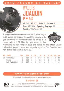2010 MultiAd Fresno Grizzlies #5 Waldis Joaquin Back