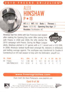 2010 MultiAd Fresno Grizzlies #9 Alex Hinshaw Back
