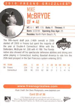 2010 MultiAd Fresno Grizzlies #20 Mike McBryde Back