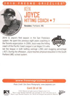 2010 MultiAd Fresno Grizzlies #28 Ken Joyce Back