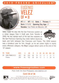 2010 MultiAd Fresno Grizzlies #30 Eugenio Velez Back