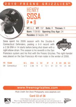 2010 MultiAd Fresno Grizzlies #33 Henry Sosa Back