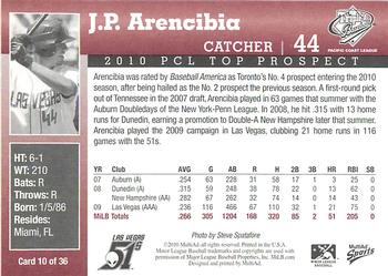 2010 MultiAd Pacific Coast League Top Prospects #10 J.P. Arencibia Back