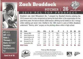 2010 MultiAd Pacific Coast League Top Prospects #14 Zach Braddock Back