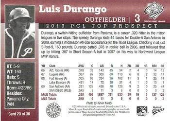 2010 MultiAd Pacific Coast League Top Prospects #20 Luis Durango Back