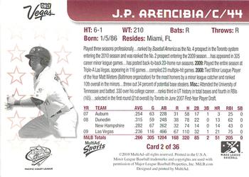 2010 MultiAd Pacific Coast League All-Stars #2 J.P. Arencibia Back