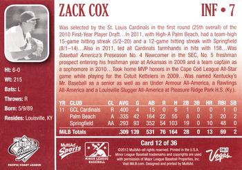 2012 MultiAd Pacific Coast League Top Prospects #12 Zack Cox Back