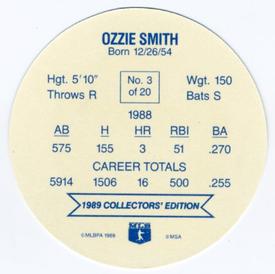 1989 Holsum Schafers Discs #3 Ozzie Smith Back