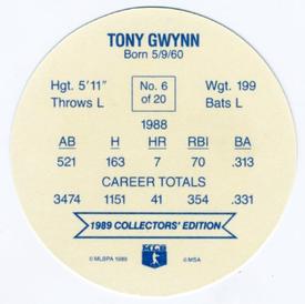 1989 Holsum Schafers Discs #6 Tony Gwynn Back