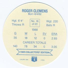 1989 Holsum Schafers Discs #16 Roger Clemens Back