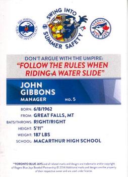 2014 Toronto Blue Jays Fire Safety #NNO John Gibbons Back