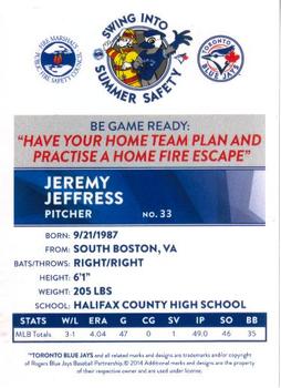 2014 Toronto Blue Jays Fire Safety #NNO Jeremy Jeffress Back