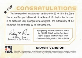 2011 In The Game Heroes & Prospects - Full Body Autographs Silver #A-CSP Cory Spangenberg Back