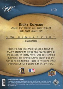 2009 Upper Deck Icons #130 Ricky Romero Back