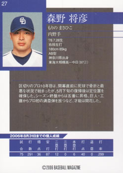 2006 BBM Chunichi Dragons Central League Champions #27 Masahiko Morino Back