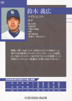 2006 BBM Chunichi Dragons Central League Champions #9 Yoshihiro Suzuki Back