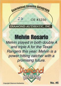 2000 Diamond Authentics Autographs #5 Melvin Rosario Back