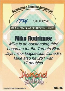 2000 Diamond Authentics Autographs #6 Mike Rodriquez Back