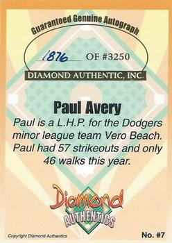 2000 Diamond Authentics Autographs #7 Paul Avery Back