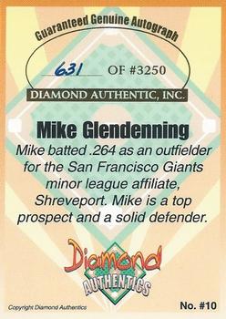 2000 Diamond Authentics Autographs #10 Mike Glendenning Back