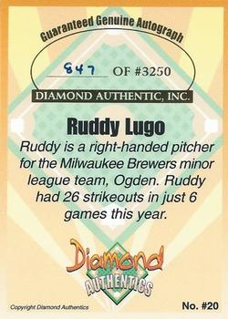 2000 Diamond Authentics Autographs #20 Ruddy Lugo Back