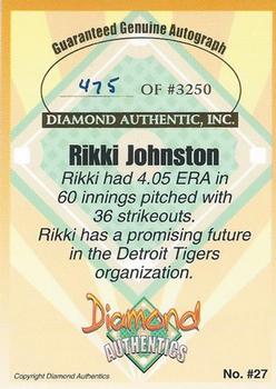 2000 Diamond Authentics Autographs #27 Rikki Johnston Back
