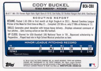 2012 Bowman Chrome - Prospects Autographs #BCA-CBU Cody Buckel Back