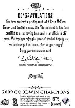 2009 Upper Deck Goodwin Champions - Memorabilia #GCM-BM Brian McCann Back