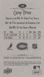 2009 Upper Deck Goodwin Champions - Mini #38 Carey Price Back