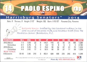 2014 Grandstand Harrisburg Senators #8 Paolo Espino Back