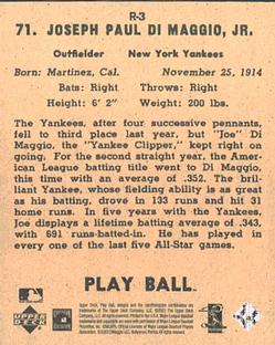 2003 Upper Deck Play Ball - 1941 Reprints #R-3 Joe DiMaggio Back