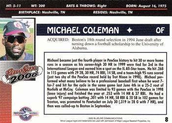 2000 Blueline Q-Cards Pawtucket Red Sox #8 Michael Coleman Back