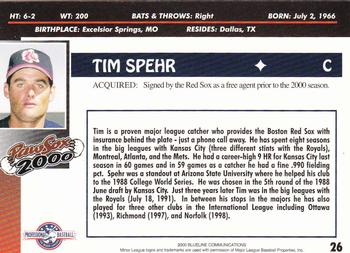 2000 Blueline Q-Cards Pawtucket Red Sox #26 Tim Spehr Back