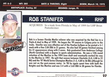 2000 Blueline Q-Cards Pawtucket Red Sox #27 Rob Stanifer Back
