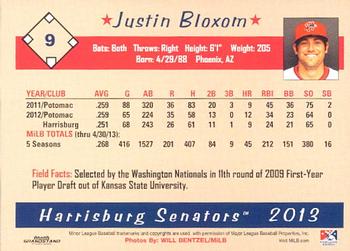 2013 Grandstand Harrisburg Senators #2 Justin Bloxom Back