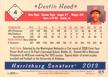 2013 Grandstand Harrisburg Senators #13 Destin Hood Back