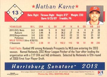 2013 Grandstand Harrisburg Senators #15 Nathan Karns Back