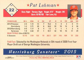 2013 Grandstand Harrisburg Senators #18 Pat Lehman Back