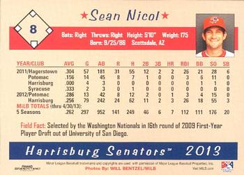 2013 Grandstand Harrisburg Senators #22 Sean Nicol Back