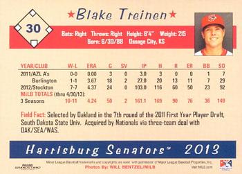 2013 Grandstand Harrisburg Senators #27 Blake Treinen Back