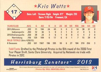 2013 Grandstand Harrisburg Senators #28 Kris Watts Back