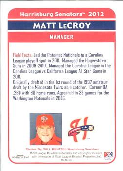 2012 Grandstand Harrisburg Senators #12 Matt LeCroy Back