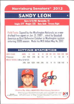 2012 Grandstand Harrisburg Senators #13 Sandy Leon Back